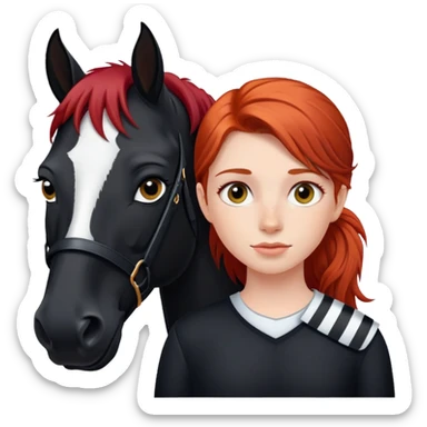 A red-haired girl with a black horse has a white stripe on his face sticker