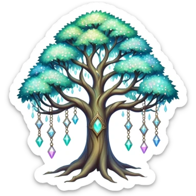 Spiritual magical ethereal iridescent tree with crystals hanging in it sticker