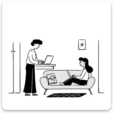 escenary 3d of a cozy mid-century living room with two people working on laptops, one man standing at a desk and one woman sitting on a couch, two walls and floor visible sticker