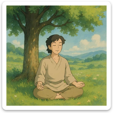 inner peace as a serene person meditating under a tree, soft colors, ghibli style sticker