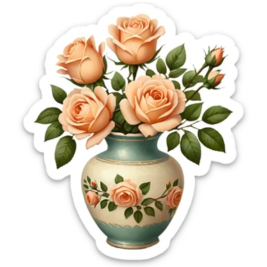 Oil painting of light peach roses in vintage vas, brushstrokes sticker