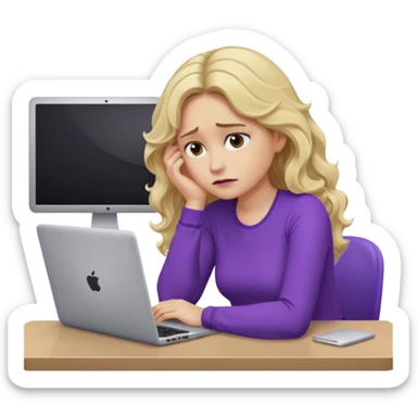 lady with long blonde wavy hair, purple top, one elbow one desk hand on face with a laptop looking defeated sticker