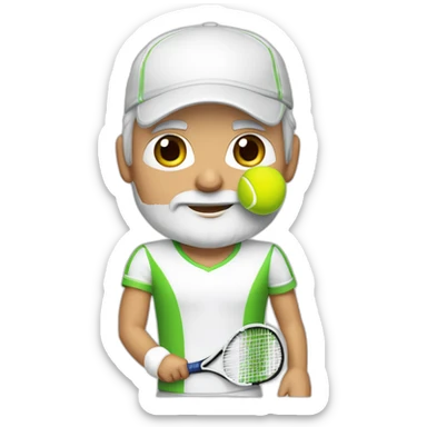Tennisplayer white-male in his 50s,Green-eyes, gray-hear, white-beard, white cap and white-shirt with tennis-raquet and tennis-ball sticker
