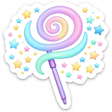 Cinematic cute magical wand, pastel swirls of color, tiny twinkling stars floating around, glowing softly, chubby rounded edges, whimsical and dreamy. sticker