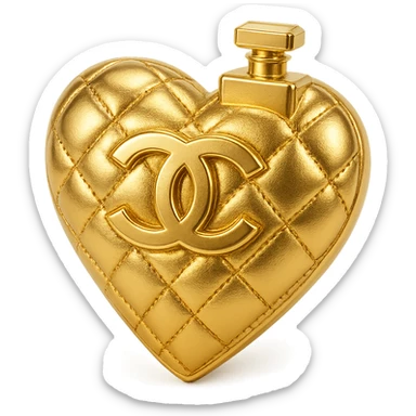 Chanel heart in metallic gold style with a quilted pattern and a small perfume bottle, Chanel-inspired sticker