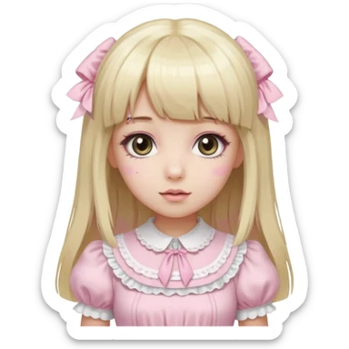 pale girl , who has straight hair medium length blonde and baby pink swirled hair with bangs , grey eyes , and doll like makeup , in a light pink lolita hime gyaru dress emoji | AI Emoji Generator sticker