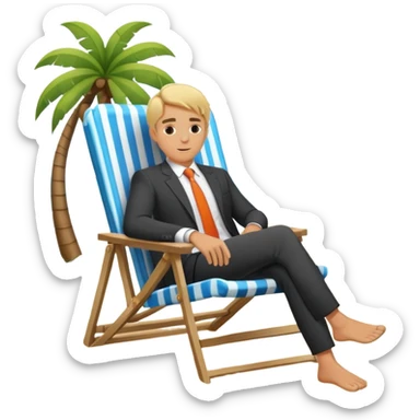 blonde man in business suit sitting in a beach chair on a tropical beach, vacation sticker