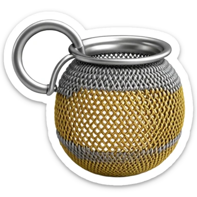 3D render of Tea Strainer, made of interlocking chainmail metal rings, wire mesh texture, visible holes and negative space, metallic silver and grey, high contrast shadows, emoji style, isolated on white background --v 6.0. sticker