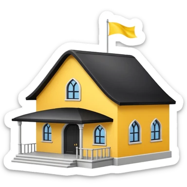 simple magic school, low detail, white background, magic school, black roof, with a big flag, big flag on a roof, big yellow flag, white school sticker