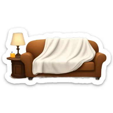 A cosy fall themed living room with a white blanket on a couch and a little table with a white candle  sticker