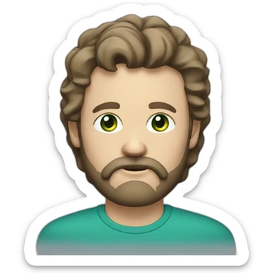 middle-aged white man with beard and brown hair. hairstyle with a part on the right side and some upward bangs. greenish blue eyes sticker