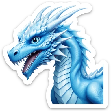 Cinematic Noble very elegant slender Ice Dragon Portrait Emoji, Poised and imposing, distinct long elegant snout, with a slender, scaled body shimmering in glacial hues of icy blue, frostbitten silver, and crystalline white, breathing out frost, with piercing, glowing ice blue white eyes that radiate the chilling depths of an arctic storm; rendered in detail. excuding wisdom sticker
