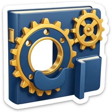 Un libro azul navy con detalles dorados, bordes metálicos y un gear dorado con una tabla ascendente como productividad en la portada, estrategia y éxito en movimiento (book of productivity) sticker