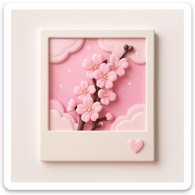 A polaroid picture with pink cherry blossoms and a pink sky with stars and clouds, in 3D iOS style, with a white background, with more details. sticker