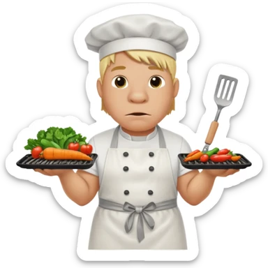 hippo man with tied blond hair and and a white apron grilling vegetables on a sizzling grill sticker