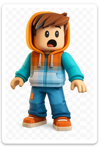 Edit the character in the reference image to have a surprised expression, keeping the original Roblox style, outfit, and face color exactly as in the reference image. sticker