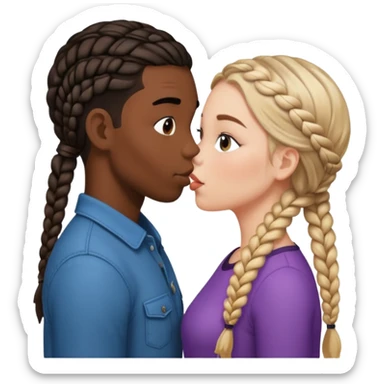 Please create a French kiss between a white girl with braids  and black boy with straight hair sticker