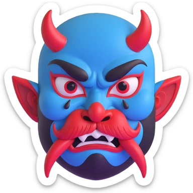 Japanese Tengu demon mask with thick black eyebrows, large cartoonish angry eyes, big curved red nose, black mustache, tongue sticking out, and blue sweat droplets on forehead sticker