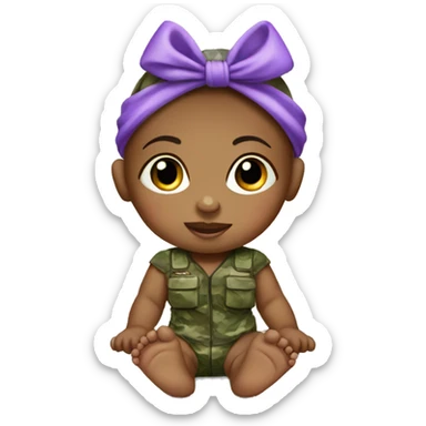 barefoot baby girl in camouflage with purple bow on head sticker