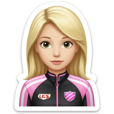 blonde long hair woman with black racing outfit with pink strips sticker