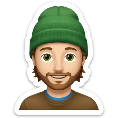 white man
aged 40
Blue eyes, 
mid length brown wavy hair
Green beanie hat
Stubble sticker