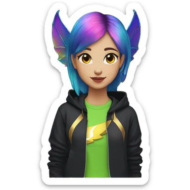 Lady with brunette and iridescent blue hair, gold, lime green dragon wings, black hoodie, oilslick holographic, black and gold Nike t shirt, and bright red eyes sticker