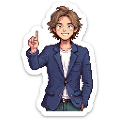 Flat pixel are, lively and clever male debater, fair skin, medium-length messy light brown hair, sharp eyes with a mischievous smile, wearing indigo blazer over a casual t-shirt, one hand raised mid-gesture, the other holding a floating speech bubble, waist-up, front-facing sticker