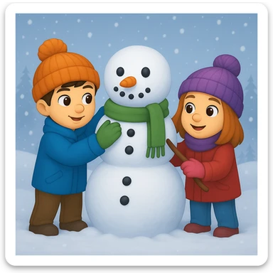Show two different kids (different hair and clothing colors) building a snowman in a snowy background, keep the emoji style sticker
