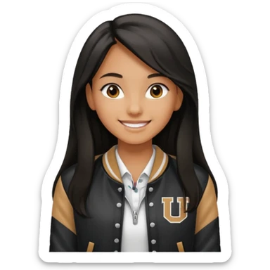 walk black long hair girl at university without backpack with varsity jacket sticker