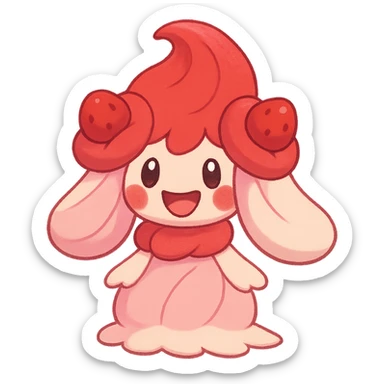 cute Alcremie Pokémon with a soft, rounded face, blushing cheeks, big smile, red and pink colors sticker