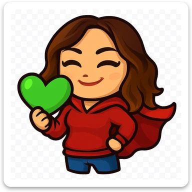 Sticker style chibi emote, matching the attached green heart emote as a base, but with a slightly skinnier body and a bigger chest. Woman from reference, red hoodie and blue jeans, superhero cape pose, cute heroic face, no headband, no wand, transparent background. Top color should not match jeans. sticker