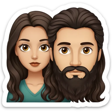 woman with olive skin, brown eyes and long lashes, and long black wavy hair with pale skinned hazel eyed man with brown hair and beard sticker