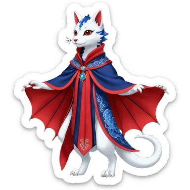 Kawaii black, red, indigo, cute beautiful pretty elegant divine edgy feline-vernid-sergal-Haku-dragon-fursona-animal-creature, full body, with intricate detailed markings, Embroidered capelet, silken shawl sticker