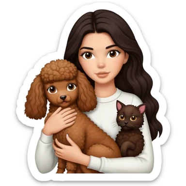 Kendall Jenner with long dark hair holding a brown poodle and a cow cat in her arms sticker