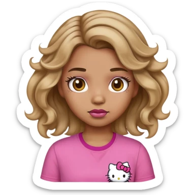 Make an emoji girl with dirty blonde wavy hair light brown skin brown eyes with pink shirt baddie makeup And hello kitty clip on her hair sticker
