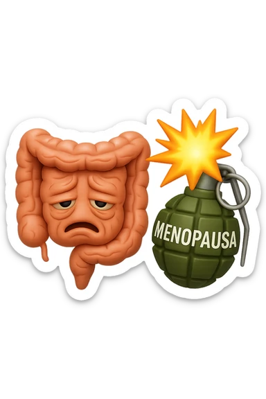 EMOJI STILE IPHONE 3D DI INTESTINO ANZIANO CON RUGHE SFINITO CON ESPRESSIONE STANCA, ACCANTO A LUI SCOPPIA UNA GRANATA 3D CON LA SCRITTA "MENOPAUSA" SOPRA sticker
