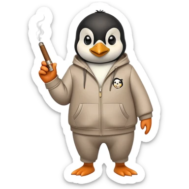 friendly anthropomorphised penguin wearing a mafia-style tracksuit, holding a cigar, secretive scheming pose, angry expression, walking with determined stride sticker