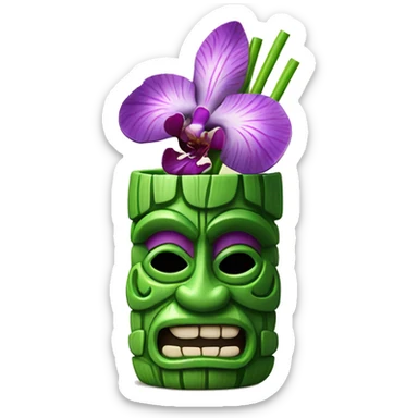 Green tiki mug with striped straw and purple orchid garnish sticker