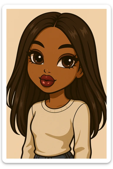 Change her expression to dreamy, headshot only, 20-year-old anime Bratz style woman with dark skin, straight hair, more casual outfit, big expressive eyes, glossy lips, no hat, no tears, looking straight ahead. The style should reflect anime Bratz aesthetics with emphasis on big expressive eyes and glossy lips. sticker
