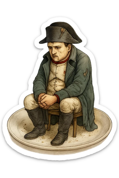 Сгенерируй мне такую же тарелку, только чтобы на ней сидел наполеон бонапарт, грустный, в чуть чуть рваной одежде. ТОРТ УБЕРИ ПОЛНОСТЬЮ. На прозрачной фоне. Наполеон должен быть цветной sticker