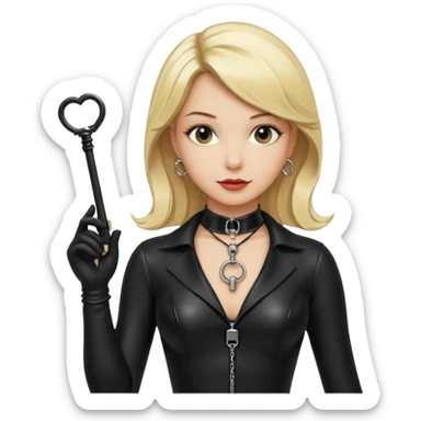 Dominatrix with blonde hair, latex outfit, old fashioned key necklace, and a whip sticker
