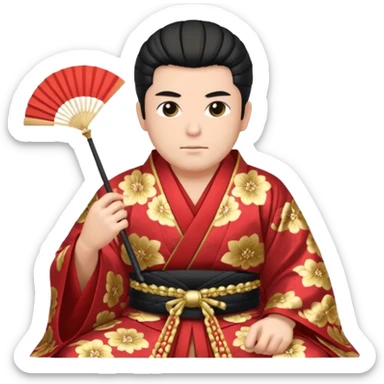 Wealthy warlord in ornate kimono, crest on chest, seated with fan in hand. sticker