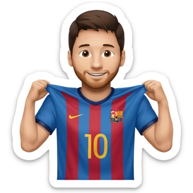 Lionel Messi holding up his own shirt sticker