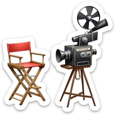 Icon for Directing: a director's chair, a film clapperboard, large movie camera, vintage megaphone and a stage with a spotlight. The icon should represent the creative and organizational aspects of directing, with focus on storytelling, staging, and performance. Transparent background. sticker