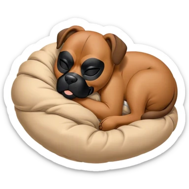 Cinematic Meme-Worthy Chubby Sleeping Boxer Portrait Emoji, Head resting peacefully with a contented smile, showcasing a delightfully chubby build and a luxuriously soft fawn coat with a striking black mask, eyes shut in a serene nap, Simplified yet hilariously adorable features, highly detailed, glowing with a soft, drowsy light, high shine, relaxed and utterly lovable, stylized with an air of playful laziness, bright and heartwarming, soft glowing outline, capturing the essence of a comically sleepy Boxer, so meme-worthy it feels like it could instantly become the next viral sensation of adorable slumber! sticker