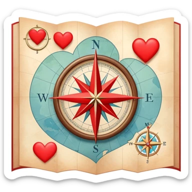 Folded cartography map with compass rose and scale, featuring red hearts as relationship markers and different symbols representing other meaningful life experiences, soft ethereal coloring sticker