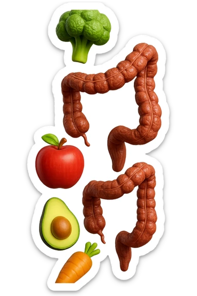 emoji stile iphone in 3d di cibo sano che fluttua in aria vericalmente insieme a pezzi di colon umano anatomico, iperrealistico 4k sticker