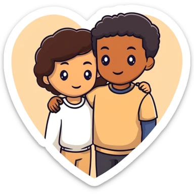 A couple with dark brown hair and mixed skin tone inside a white heart, wearing beige clothes sticker