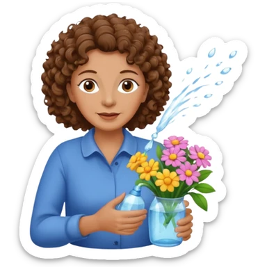 Older female florist – curly hair, spraying water on fresh flowers sticker