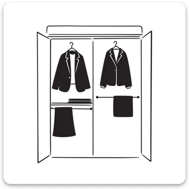 Hand-drawn minimalist wardrobe, slightly open revealing neatly arranged business attire sticker